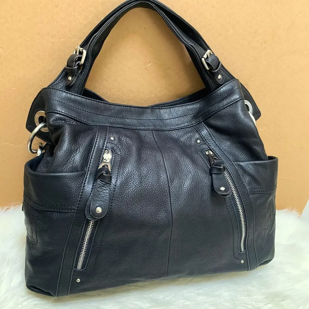 B. MAKOWSKY Extra Large Luxe Black Leather Convertible Shoulder Bag Tote